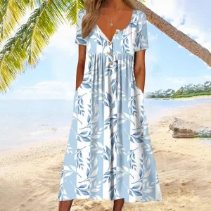 NEW Bovuf Blue Paradise Short Sleeve Pleated Side Pocket Midi Dress, Sz L, Retails $85
