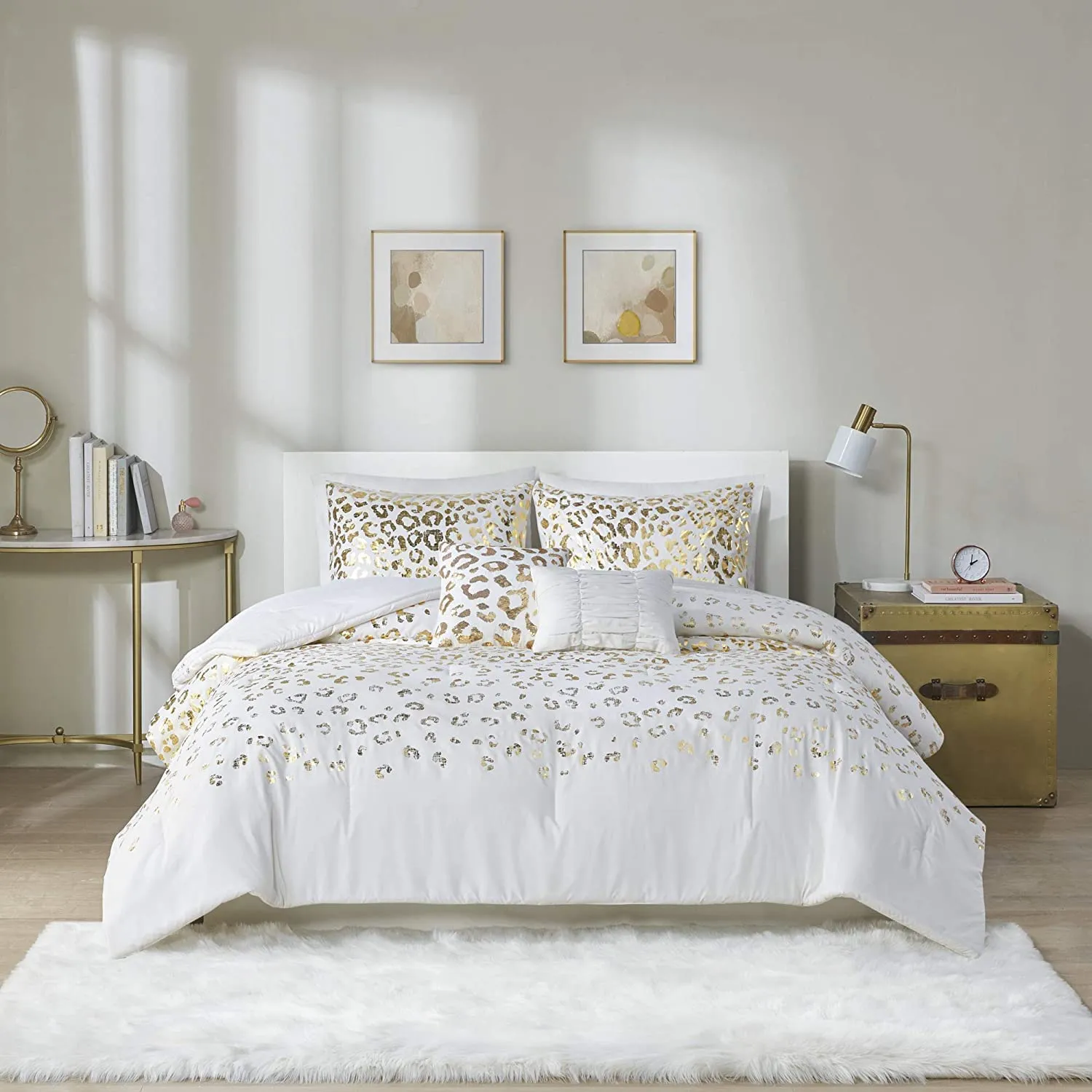 New Intelligent Design Ivory/Gold 3 Piece Lillie Comforter Trendy Modern Animal Leopard Metallic Print All Season Bedding Set with Matching Shams, Full/Queen!