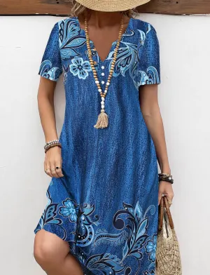 NEW MODLILY® Denim Blue Button Floral Print A Line Dress, Sz XL, Retails $82
