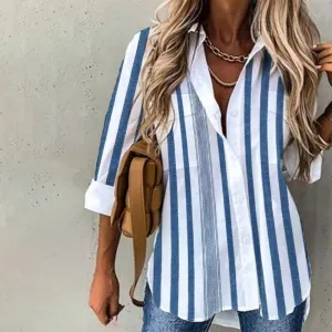 NEW Retails $90 Double Pocket Vertical Blue and White Stripe Tunic Top Sz L