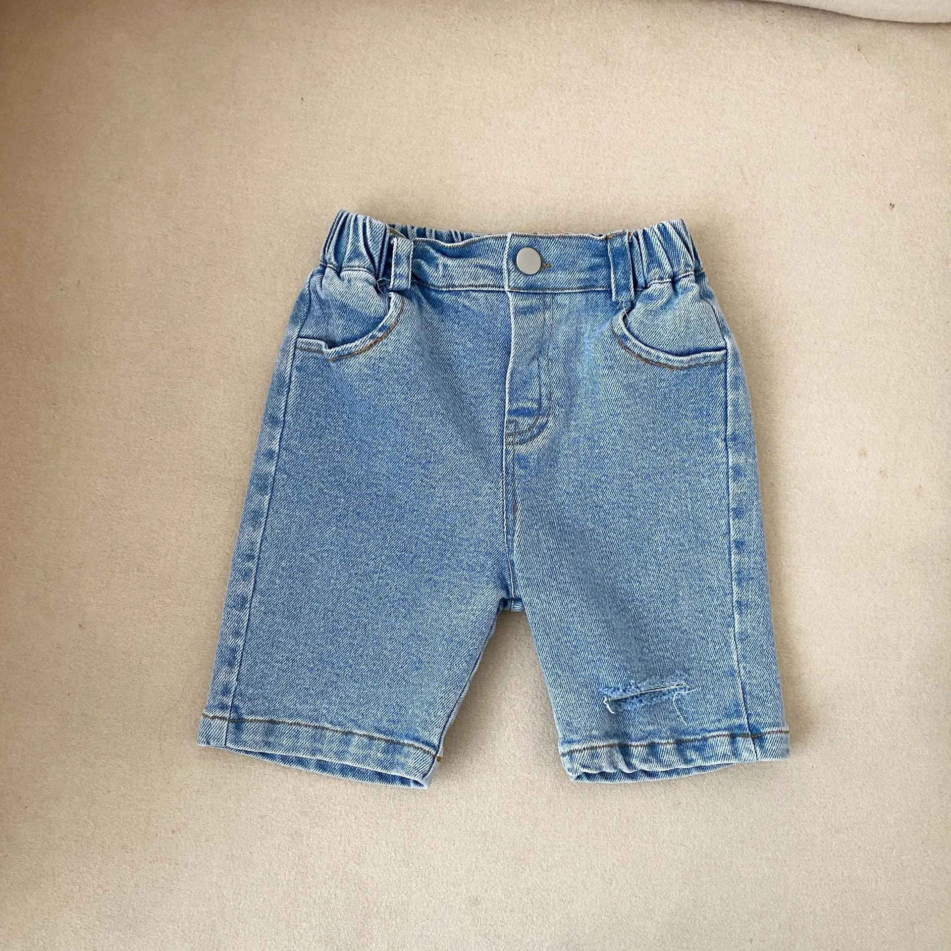 New Ripped Boys Girls Straight Solid Colour Casual Denim Shorts