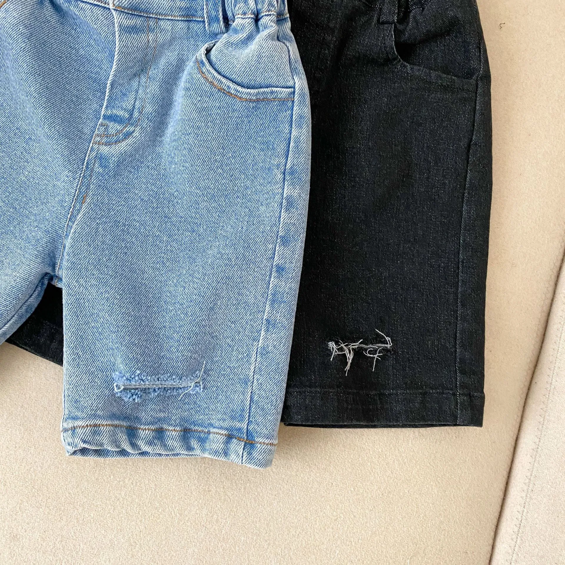 New Ripped Boys Girls Straight Solid Colour Casual Denim Shorts