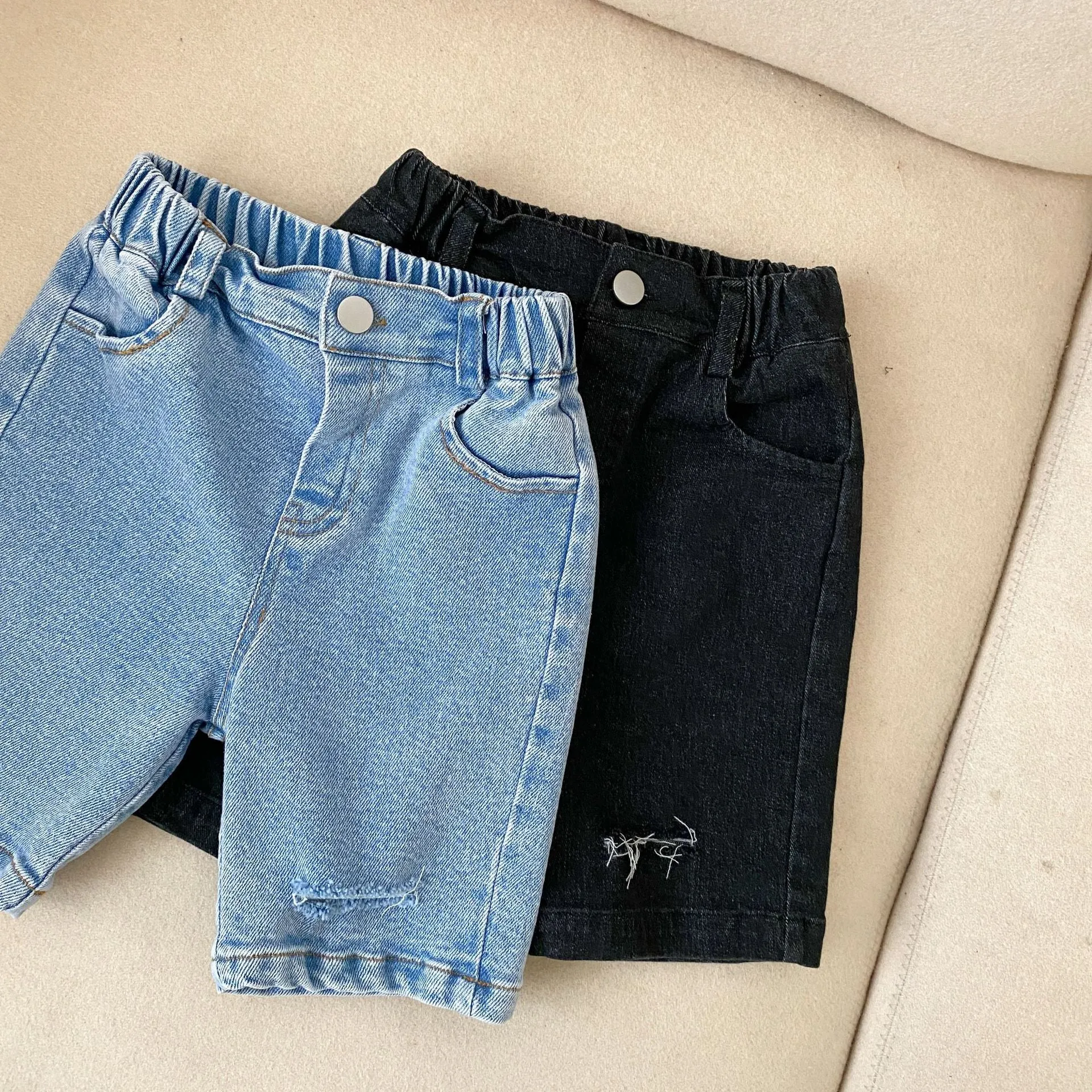 New Ripped Boys Girls Straight Solid Colour Casual Denim Shorts
