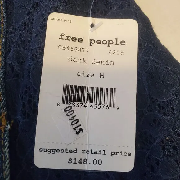 NWT Free People Lace Panel Denim Raw Hem Jacket Sz Medium Boho Hippie Cottage
