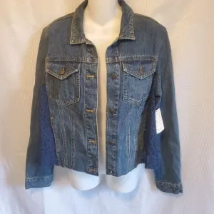 NWT Free People Lace Panel Denim Raw Hem Jacket Sz Medium Boho Hippie Cottage