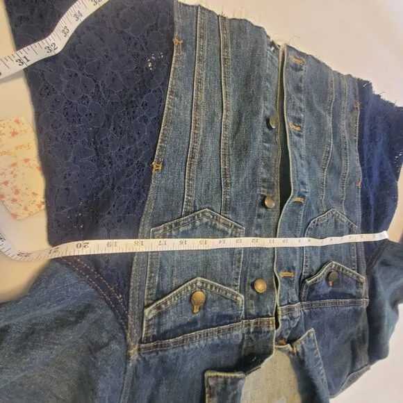 NWT Free People Lace Panel Denim Raw Hem Jacket Sz Medium Boho Hippie Cottage