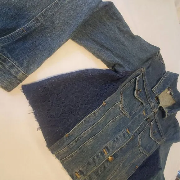 NWT Free People Lace Panel Denim Raw Hem Jacket Sz Medium Boho Hippie Cottage