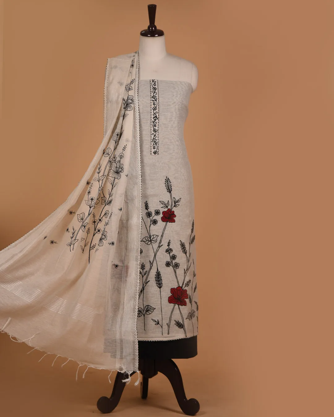 Off White With Black Chanderi Linen Blend Embroidered Unstitched Suit Fabric Set With Chanderi Embroidered Dupatta