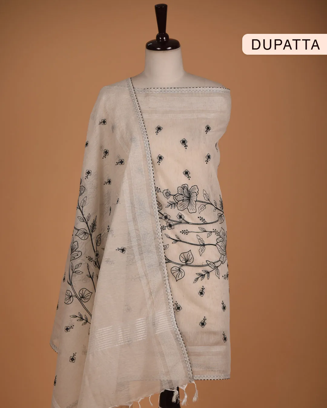 Off White With Black Chanderi Linen Blend Embroidered Unstitched Suit Fabric Set With Chanderi Embroidered Dupatta