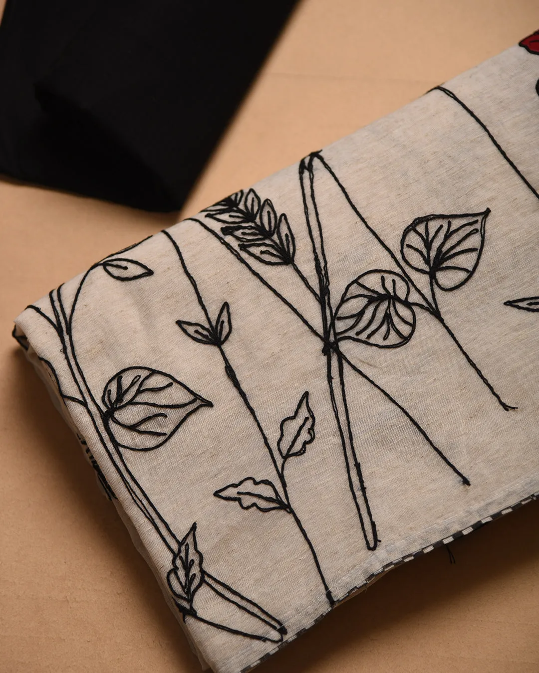 Off White With Black Chanderi Linen Blend Embroidered Unstitched Suit Fabric Set With Chanderi Embroidered Dupatta