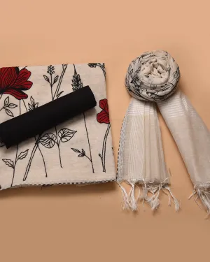 Off White With Black Chanderi Linen Blend Embroidered Unstitched Suit Fabric Set With Chanderi Embroidered Dupatta