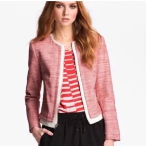 Parker Red Tweed Cream Leather Exposed Zip Longsleeve Blazer Jacket