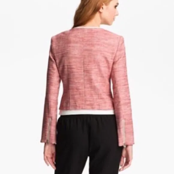 Parker Red Tweed Cream Leather Exposed Zip Longsleeve Blazer Jacket