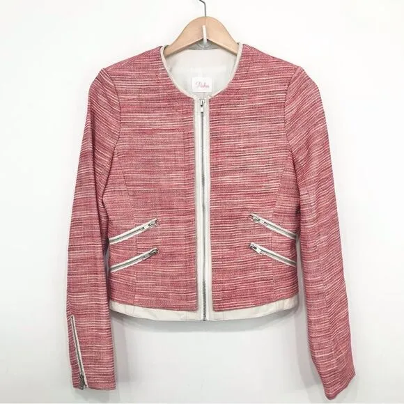 Parker Red Tweed Cream Leather Exposed Zip Longsleeve Blazer Jacket