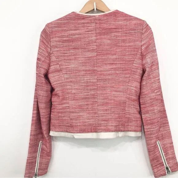 Parker Red Tweed Cream Leather Exposed Zip Longsleeve Blazer Jacket