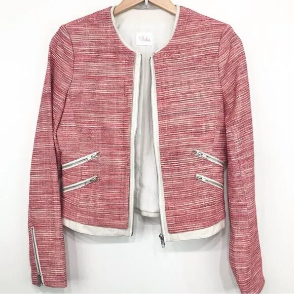 Parker Red Tweed Cream Leather Exposed Zip Longsleeve Blazer Jacket