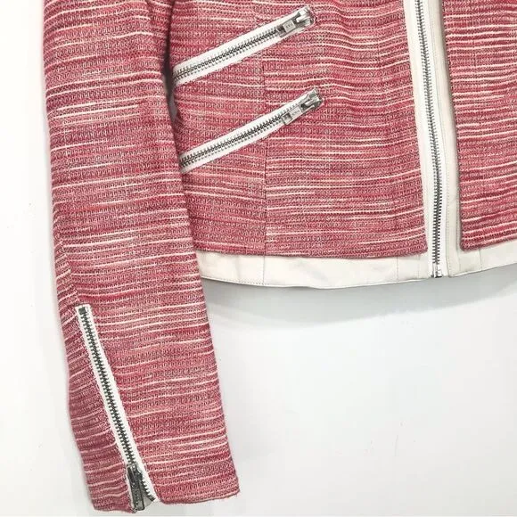 Parker Red Tweed Cream Leather Exposed Zip Longsleeve Blazer Jacket