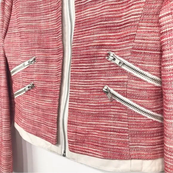 Parker Red Tweed Cream Leather Exposed Zip Longsleeve Blazer Jacket