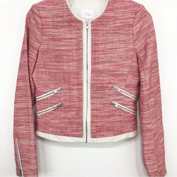 Parker Red Tweed Cream Leather Exposed Zip Longsleeve Blazer Jacket