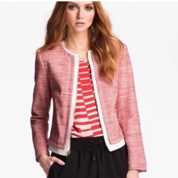 Parker Red Tweed Cream Leather Exposed Zip Longsleeve Blazer Jacket