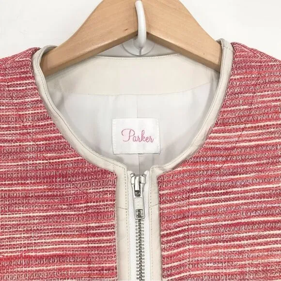 Parker Red Tweed Cream Leather Exposed Zip Longsleeve Blazer Jacket