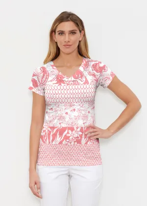 Patchwork Coral (7900) ~ Signature Cap Sleeve V-Neck Shirt