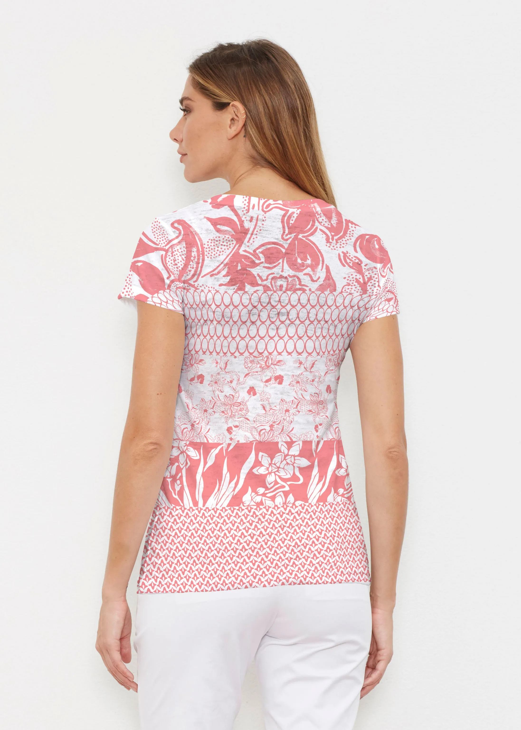 Patchwork Coral (7900) ~ Signature Cap Sleeve V-Neck Shirt