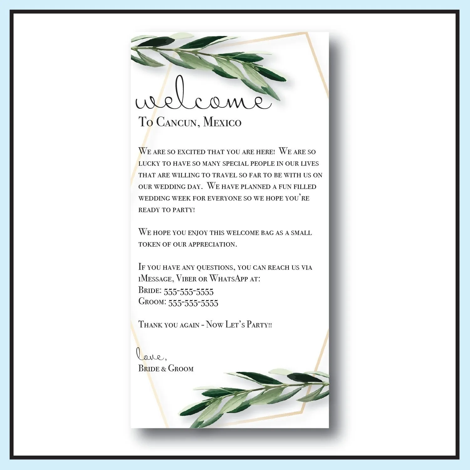 Personalized Wedding Welcome Letter & Itinerary - Greenery