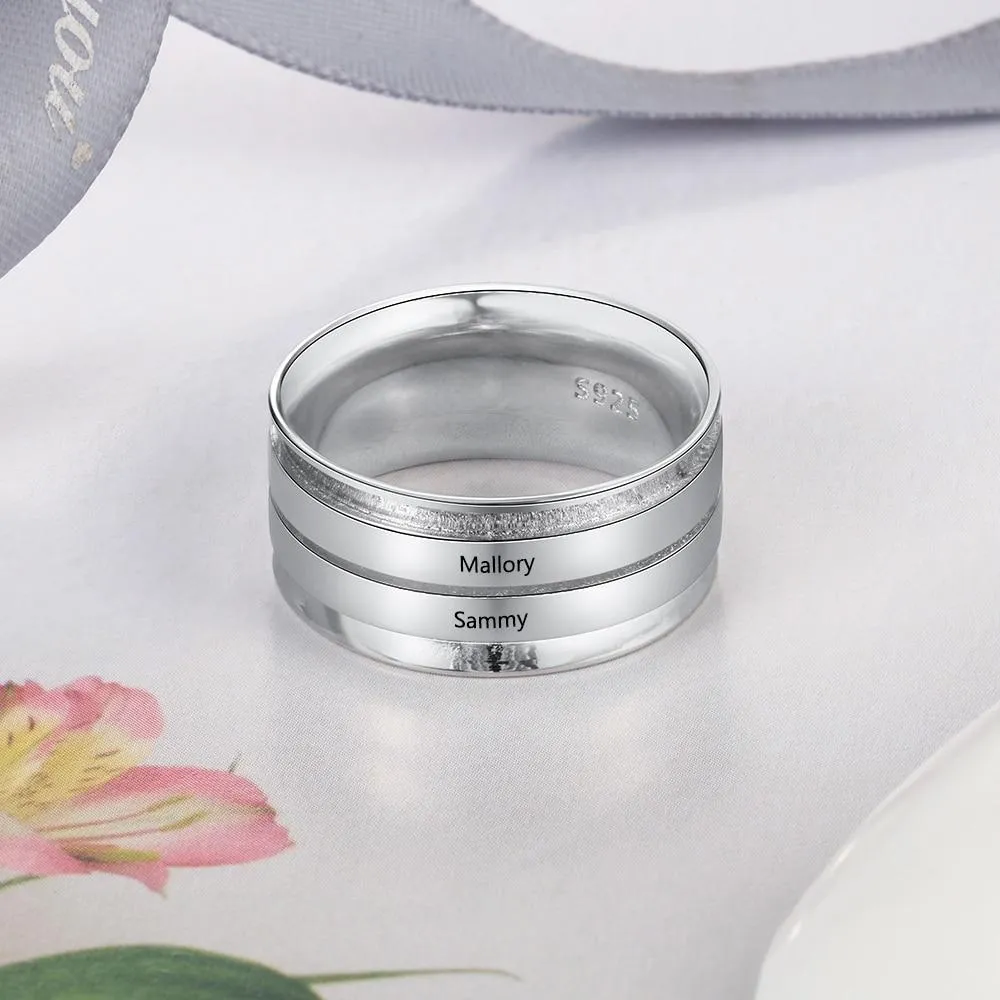 Personalized Wide Two Lined Engrave Name Silver Rings, Trendy Wedding Bands, Different Size Options