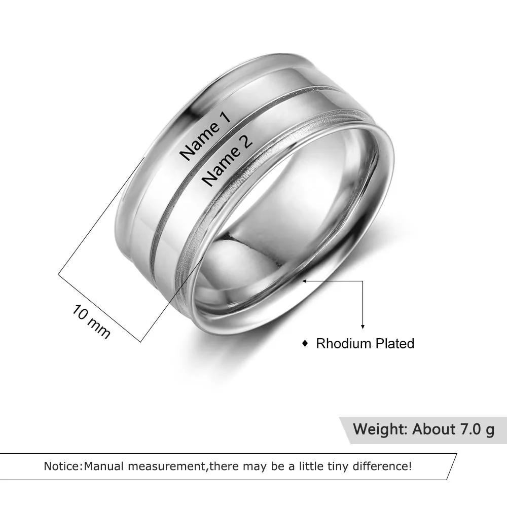 Personalized Wide Two Lined Engrave Name Silver Rings, Trendy Wedding Bands, Different Size Options