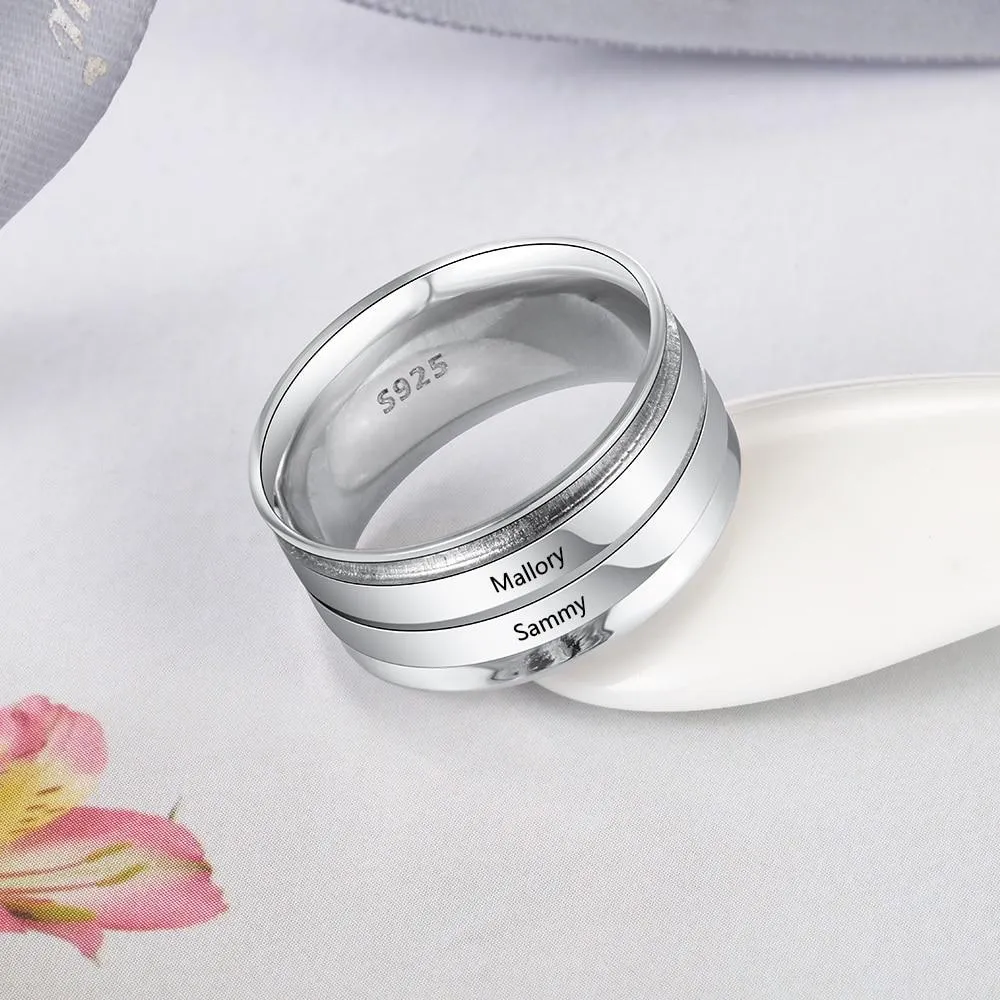 Personalized Wide Two Lined Engrave Name Silver Rings, Trendy Wedding Bands, Different Size Options