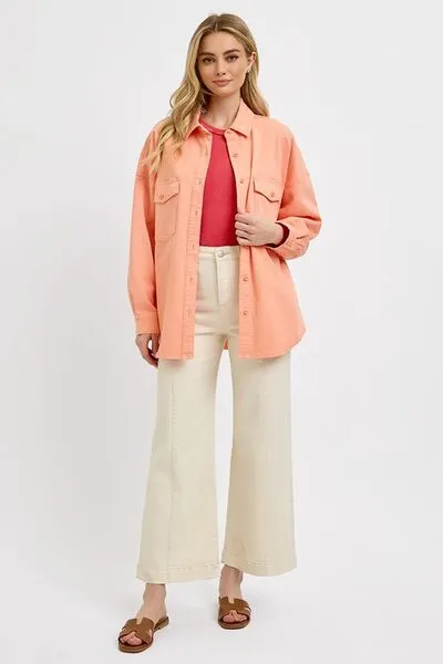 Pink Button Down Long Sleeve Denim Shacket