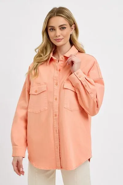 Pink Button Down Long Sleeve Denim Shacket