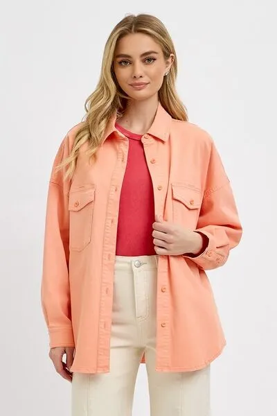 Pink Button Down Long Sleeve Denim Shacket