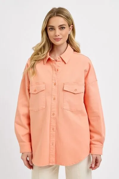 Pink Button Down Long Sleeve Denim Shacket