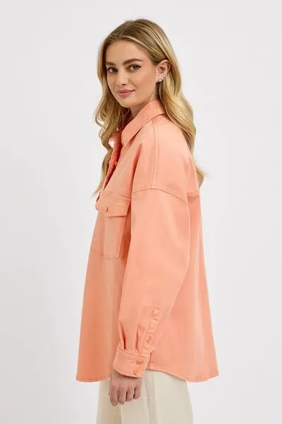 Pink Button Down Long Sleeve Denim Shacket