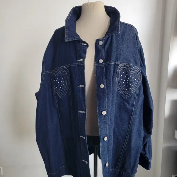 Quacker Factory Blue Denim Heart Rhinestone Jacket (SIZE: 2X)