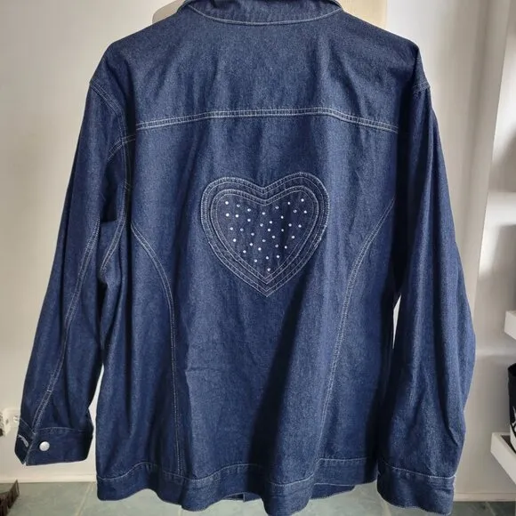 Quacker Factory Blue Denim Heart Rhinestone Jacket (SIZE: 2X)
