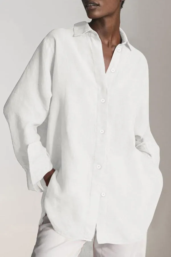Reality Calling Linen Blend Solid Button Long Sleeve Loose Blouse