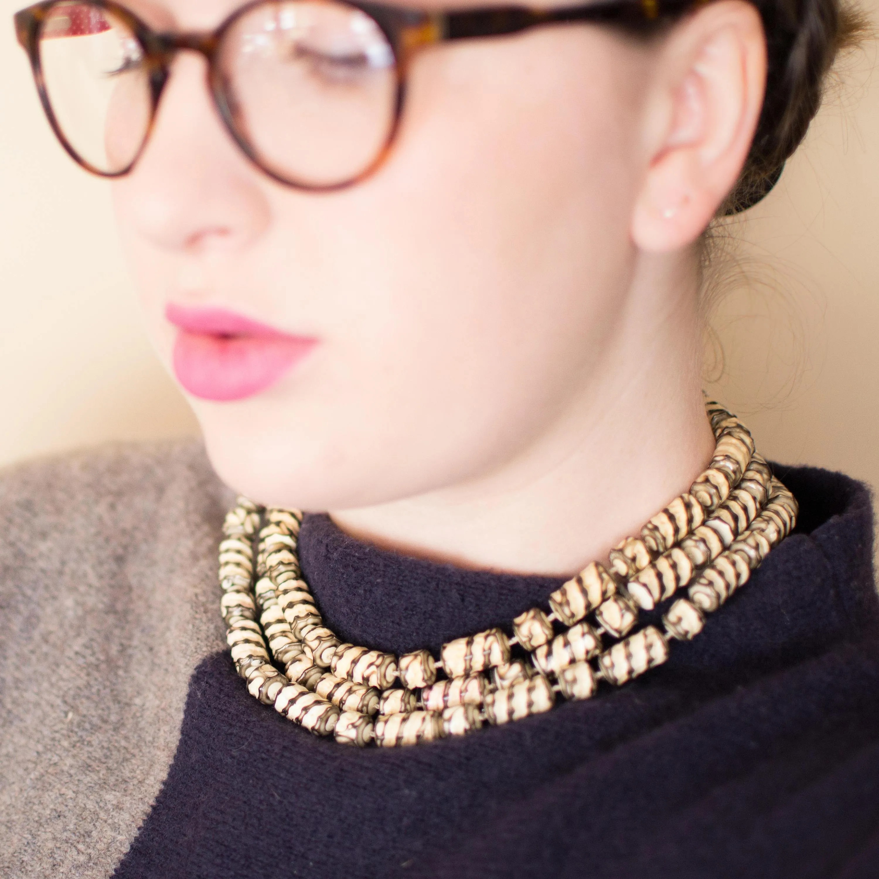 Reserved Payment 1 of 3  Vintage Zebra Striped Triple Strand Beaded Torsade Necklace