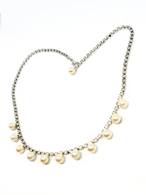 Retro clear rhinestone and faux cream pearl single strand vintage statement necklace