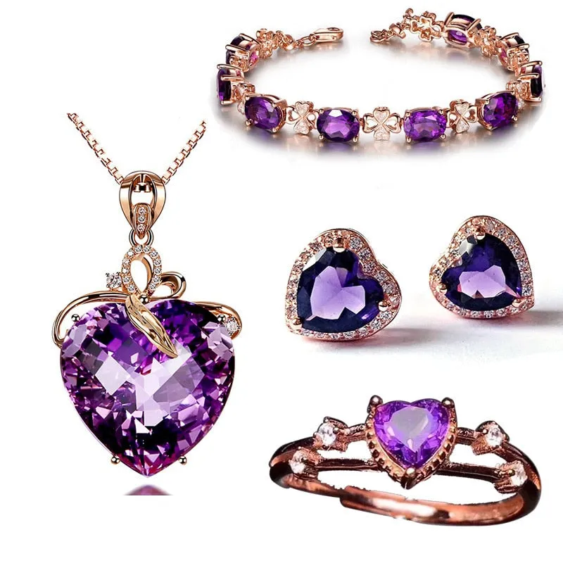 Romantic Heart Shaped Crystal Jewelry Sets Necklace Rings  Bracelet Earrings