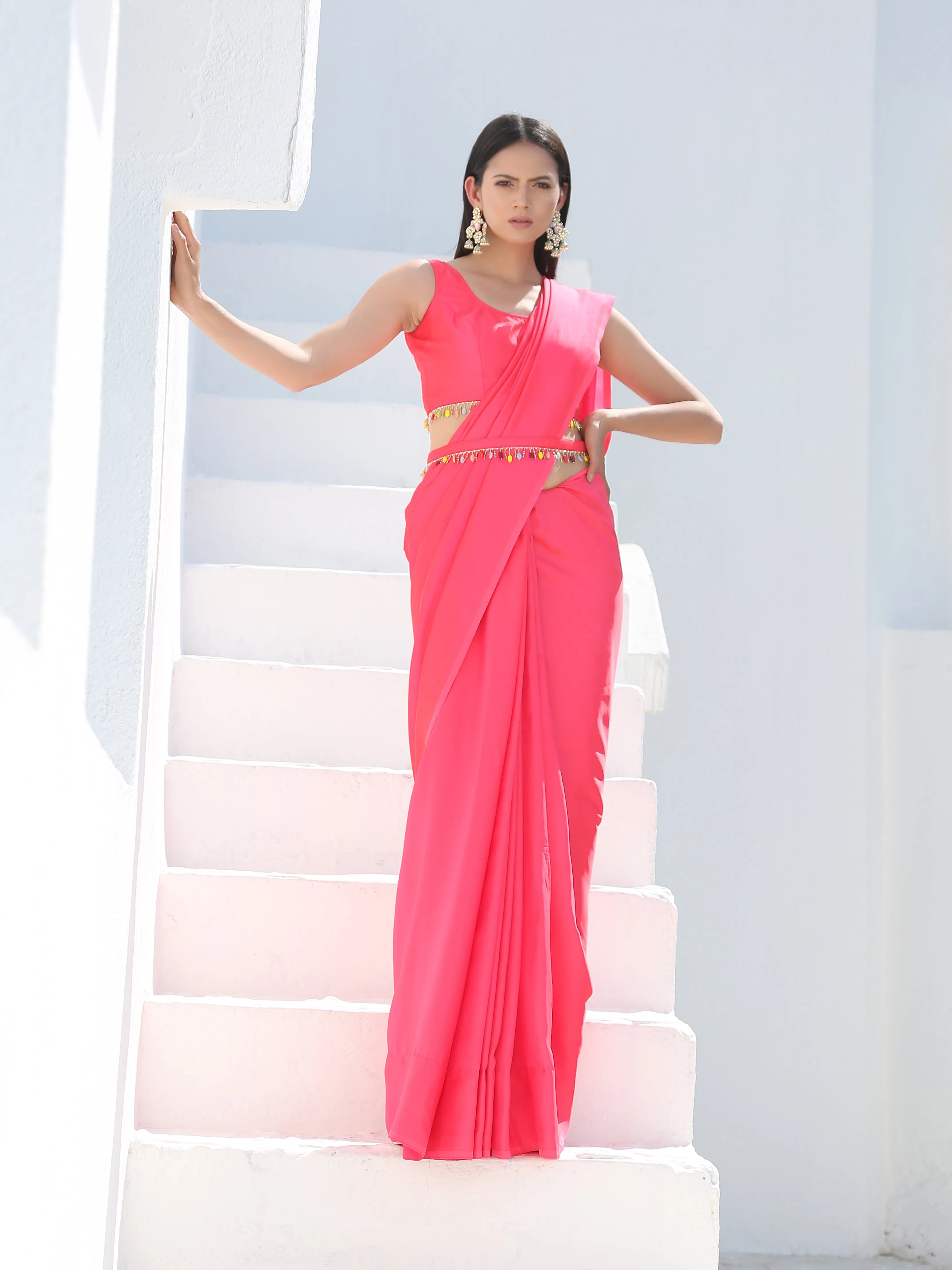 SET | Neon Pink Saree with Multicolour Beaded Lace   Blouse   Belt