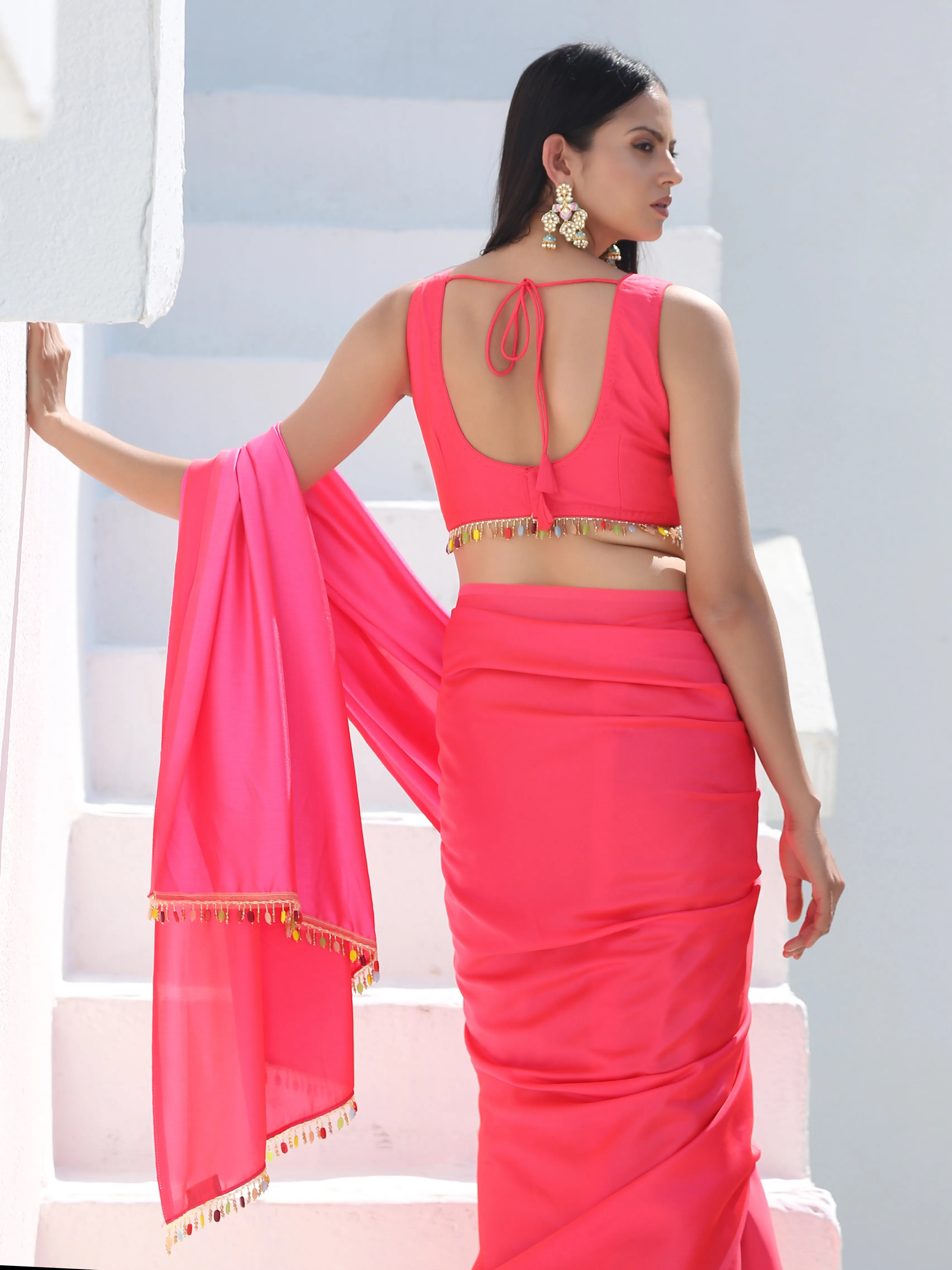 SET | Neon Pink Saree with Multicolour Beaded Lace   Blouse   Belt