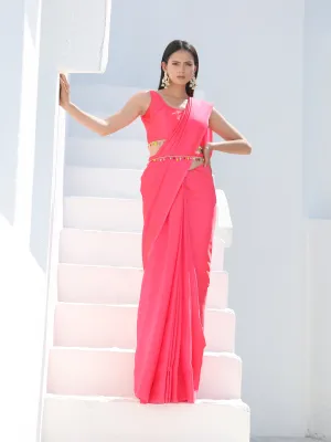 SET | Neon Pink Saree with Multicolour Beaded Lace   Blouse   Belt