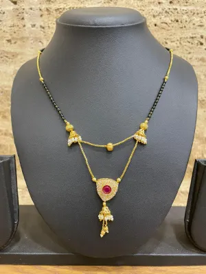 Short Mangalsutra Designs Triangle Shape Pattern Red Stone Studded Gold Plated with Moti Latkan (23 Inches)