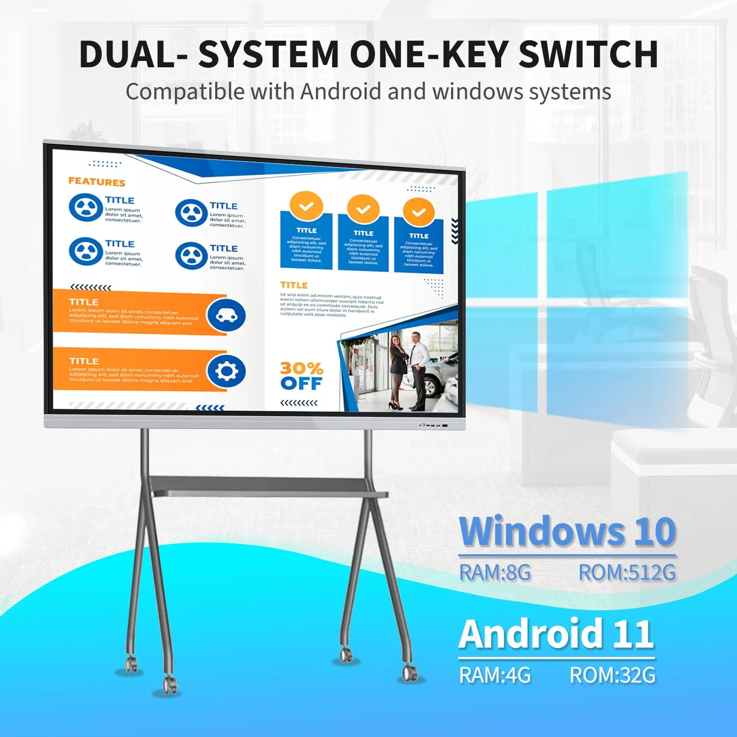 Smart Board, 98 inch, 4K Interactive Presentation Electronic Whiteboard with Dual System, Digital Signage Display for Office & Classroom, Core i7 RAM 8GB SSD 512GB