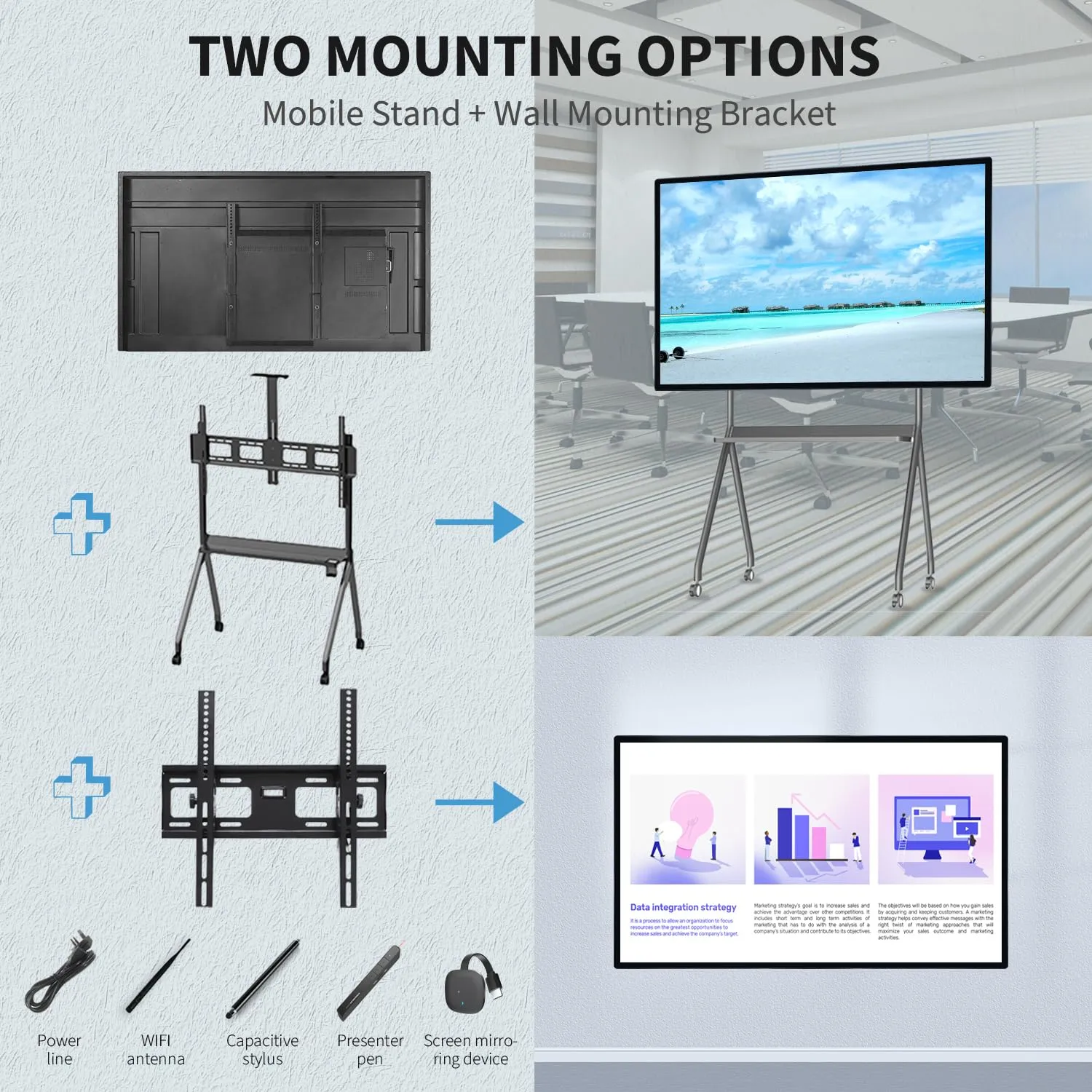 Smart Board, 98 inch, 4K Interactive Presentation Electronic Whiteboard with Dual System, Digital Signage Display for Office & Classroom, Core i7 RAM 8GB SSD 512GB
