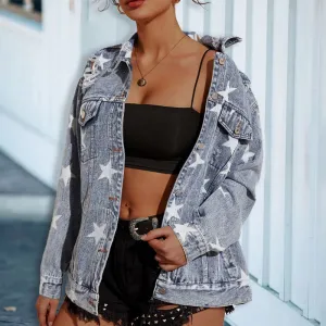Star Pattern Long Sleeve Cut Out Denim Coat