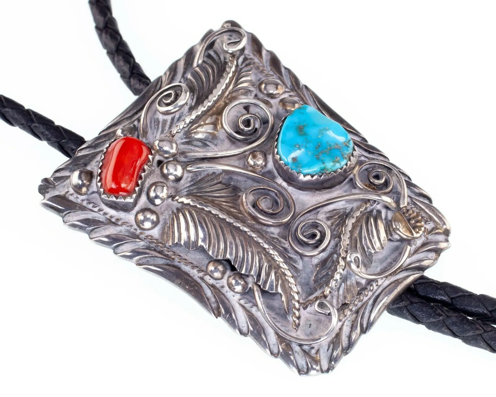 Sterling Silver Signed FS Bolo Tie with Coral and Turquoise Accents